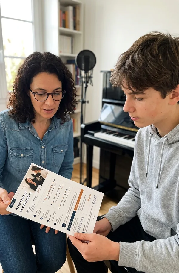 Professeure de chant utilisant le Cours 12 avec une élève