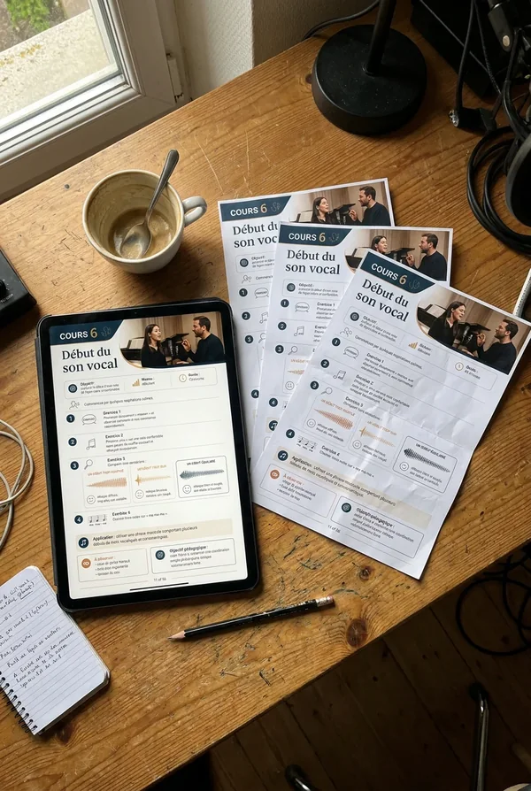 Tablette et fiches du Cours 6 sur une table