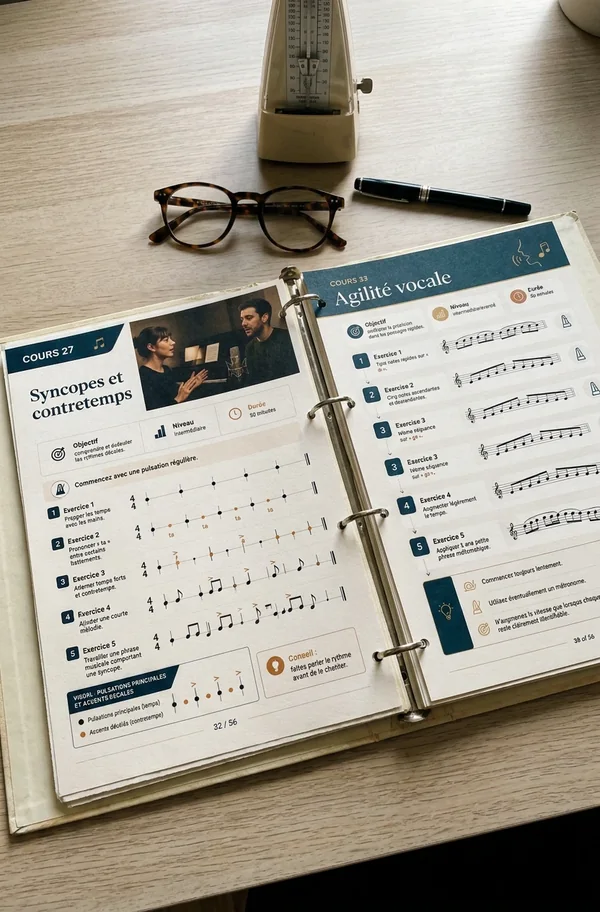 Fiches imprimées des Cours 27 et 33 dans un classeur