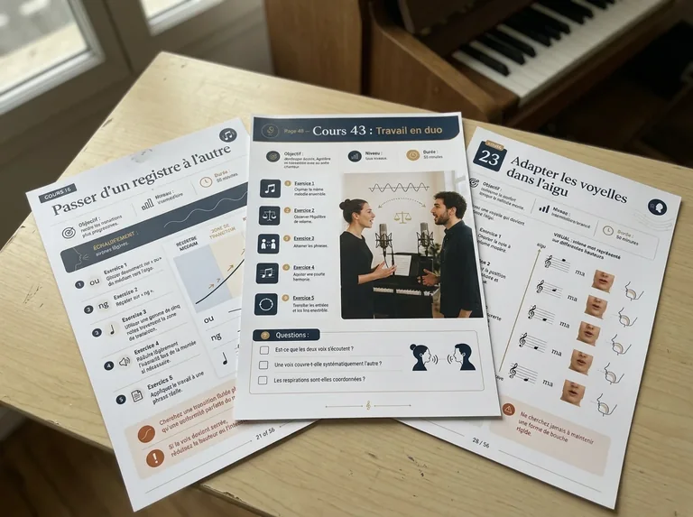 Pages des 50 Cours de chant imprimées sur une table