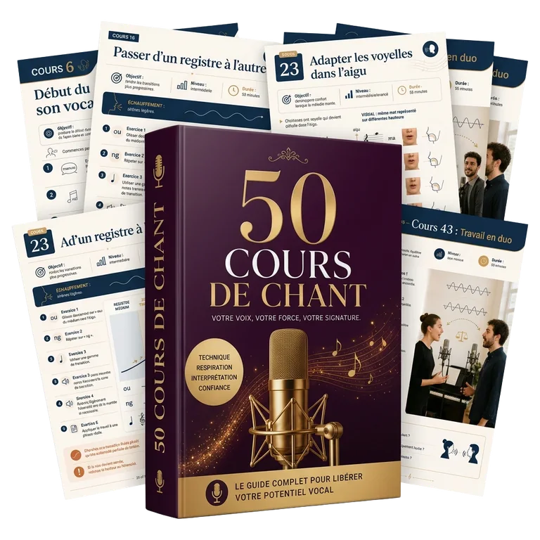Mockup premium des 50 Cours de Chant avec les fiches imprimées
